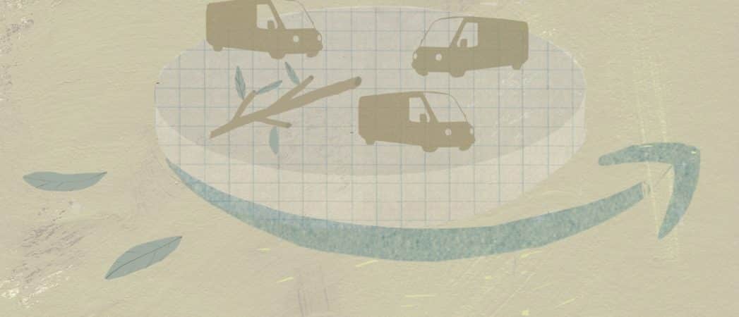 Ilustración de Amazon con varias furgonetas de reparto y el logo. / ILUSTRACIÓN de Patricia Jadraque @FLEET PEOPLE