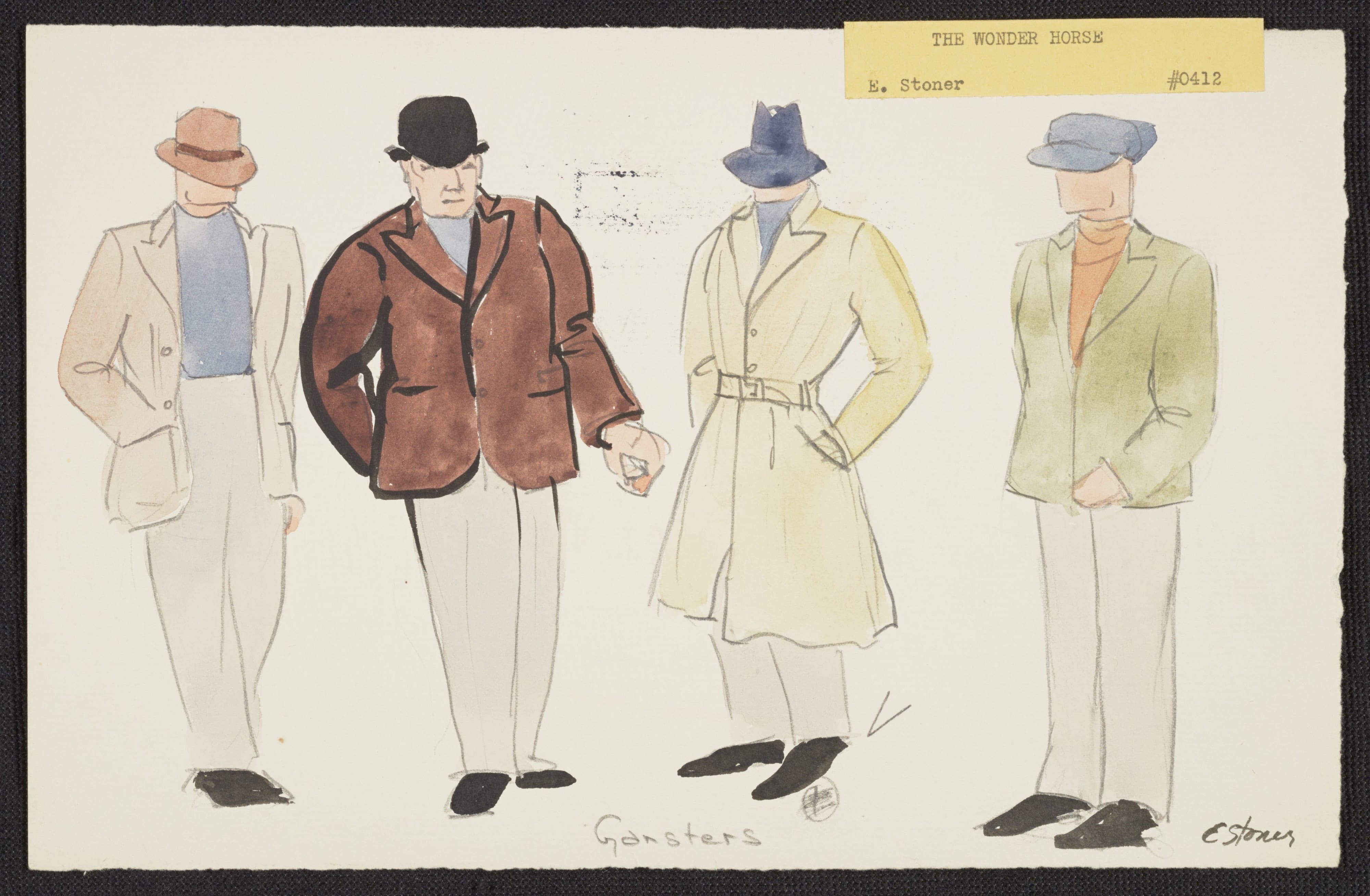Gángsteres, cuatro hombres vestidos con abrigos y sombreros. ILUSTRACIÓN DE EMILE STONER (Nueva York, 1936). TBOC