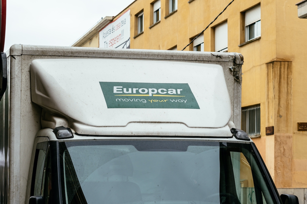 Badalona, Barcelona, Spain - April 24, 2021. Logo on van of Europcar, car rental company founded in 1949 in Paris