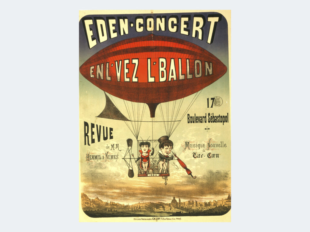 Un par de artistas franceses se promocionan en un balón-zepelín aerostático, en un anuncio circense de 1884.