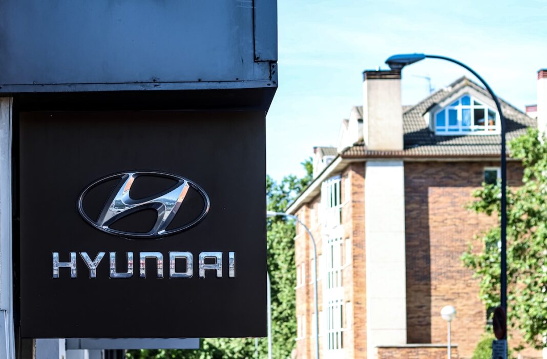 Madrid, Spain; 06, 07, 2025: Sign on the facade of a Hyundai car dealership