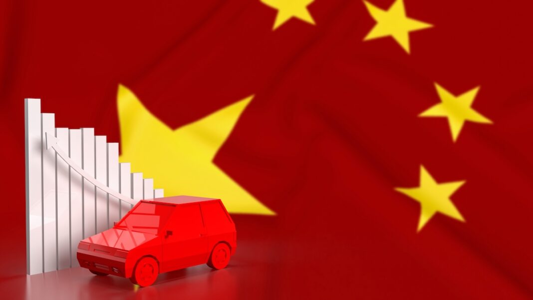 Car on china flag for Business or transport concept 3d rendering.